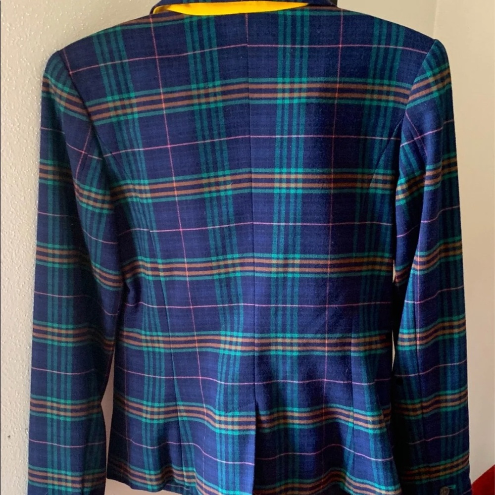 Navy blue plaid blazer with yellow on the collar